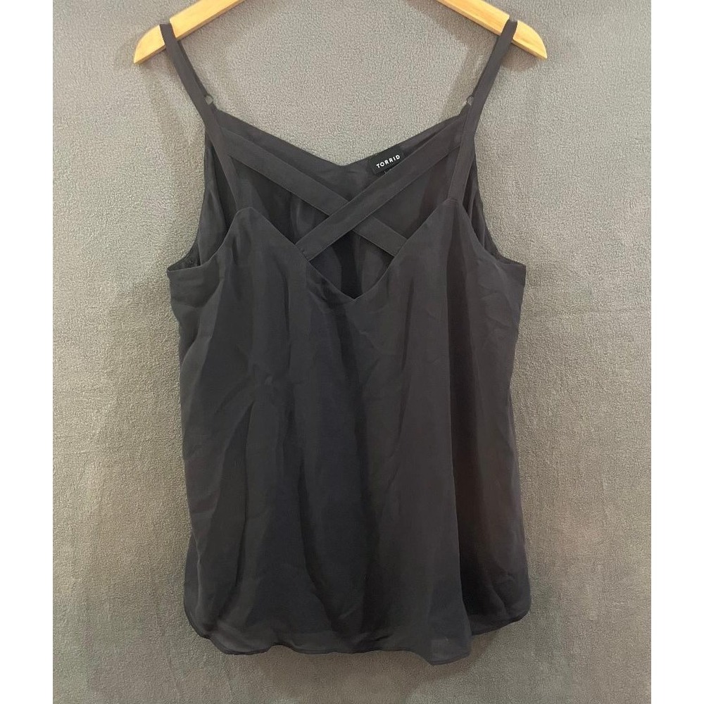 Torrid 00 M/L Cami Top Strappy Criss Cross Front Sheer Off Black High Low Hem
